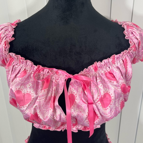 SUGAR THRILLZ Lots Of Love Heart Print Lingerie Set Off Shoulder Top Panties XS - Picture 5 of 6